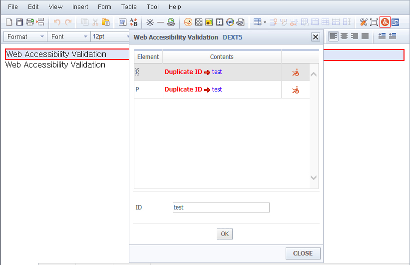 Duplicate ID check Web Accessibility Validation view1